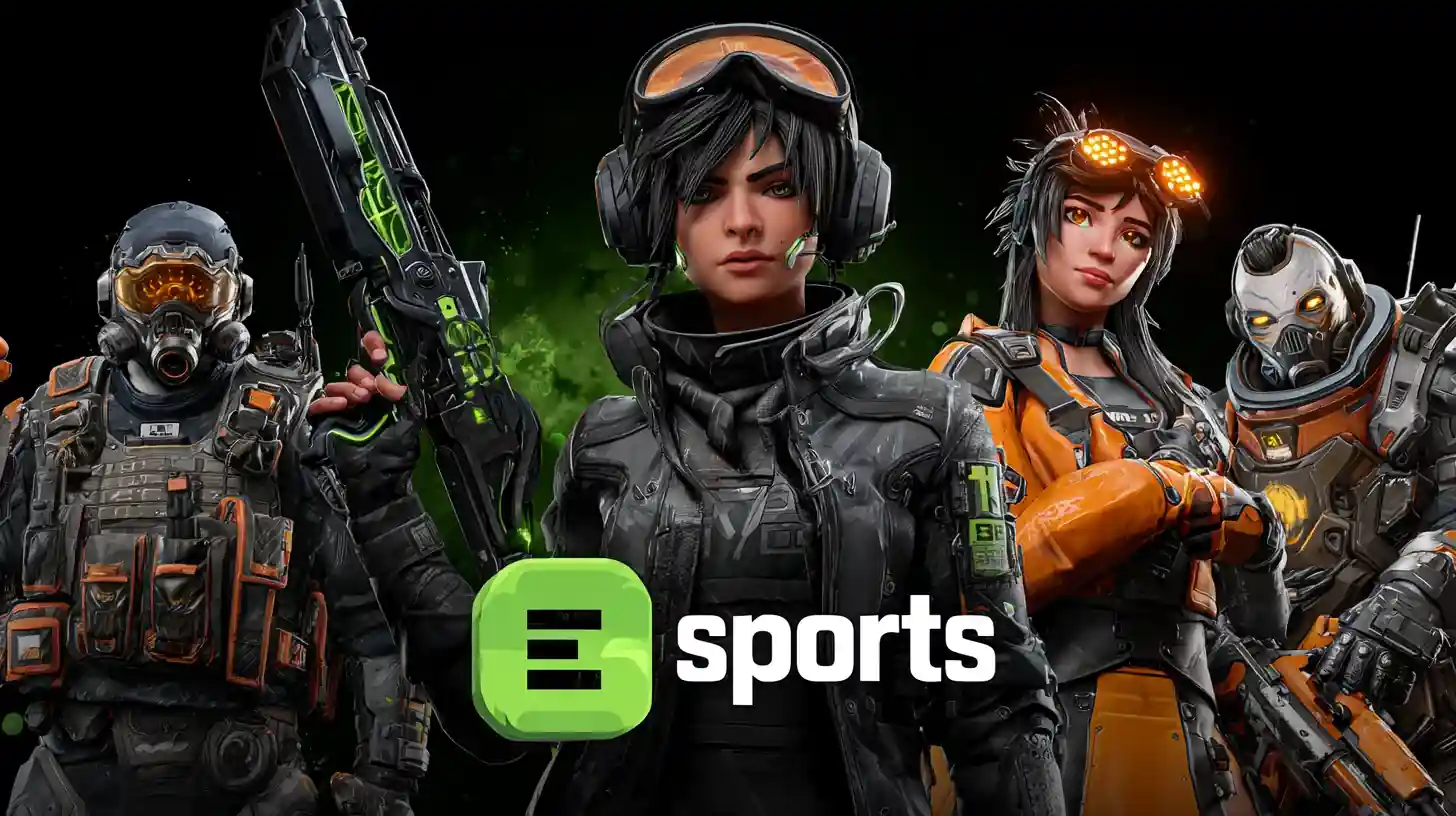 ตัวละครอีสปอร์ตสามคนถืออาวุธกับโลโก้ e-sports