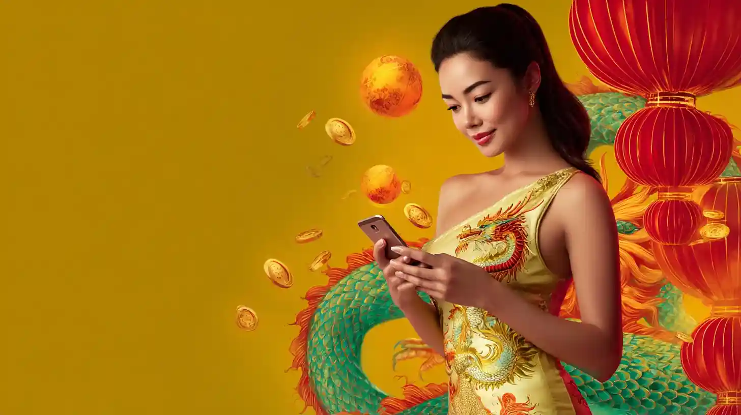 หญิงสวมชุดจีนถือมือถือในมือบนพื้นหลังมังกรแดง